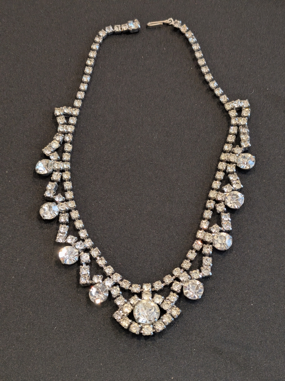 Vintage 1950s Crystal Statement Necklace 8.5"- Silver-Tone Sparkling Collar